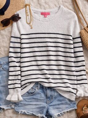 Lilly Pulitzer Calloway Sweater Striped Chenille Ruffle Cuff Coastal Size M